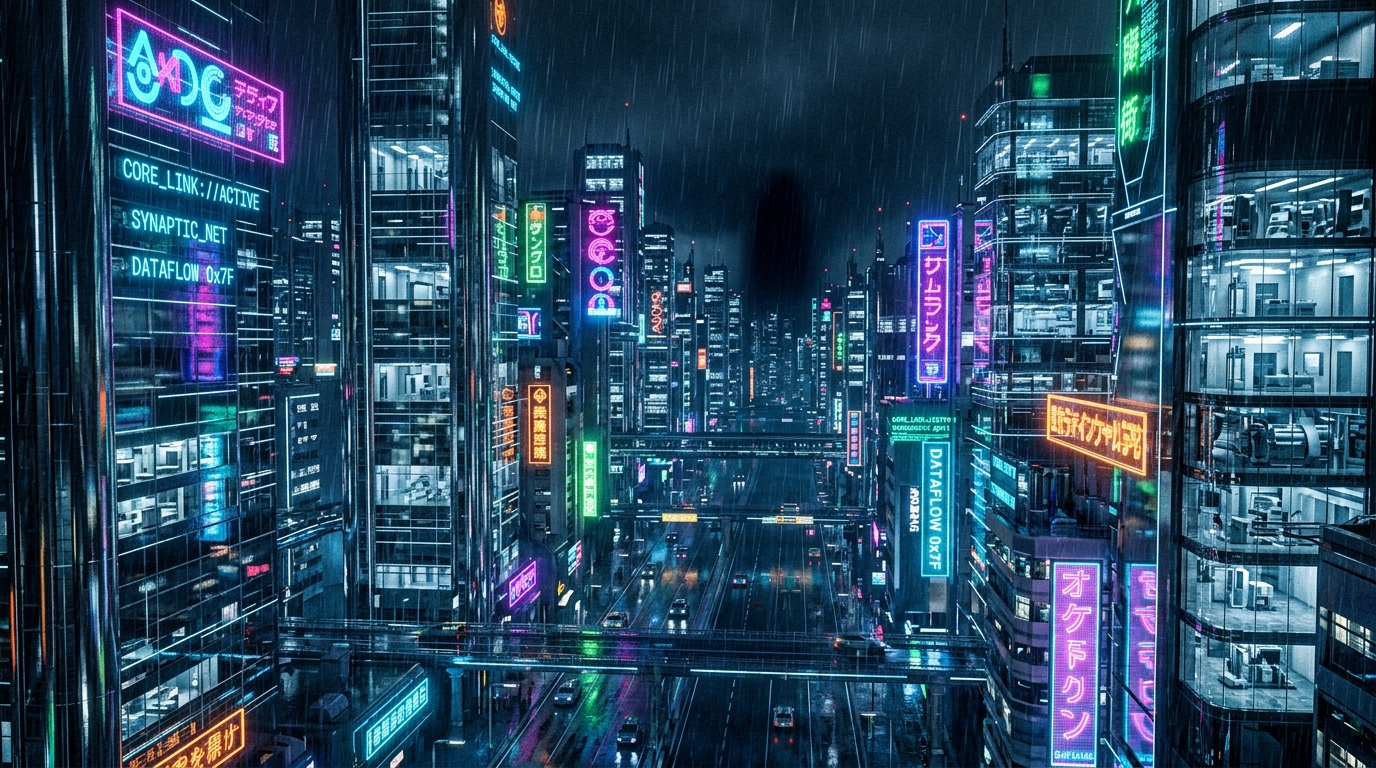 Cyber-noir broadcast theater cityscape