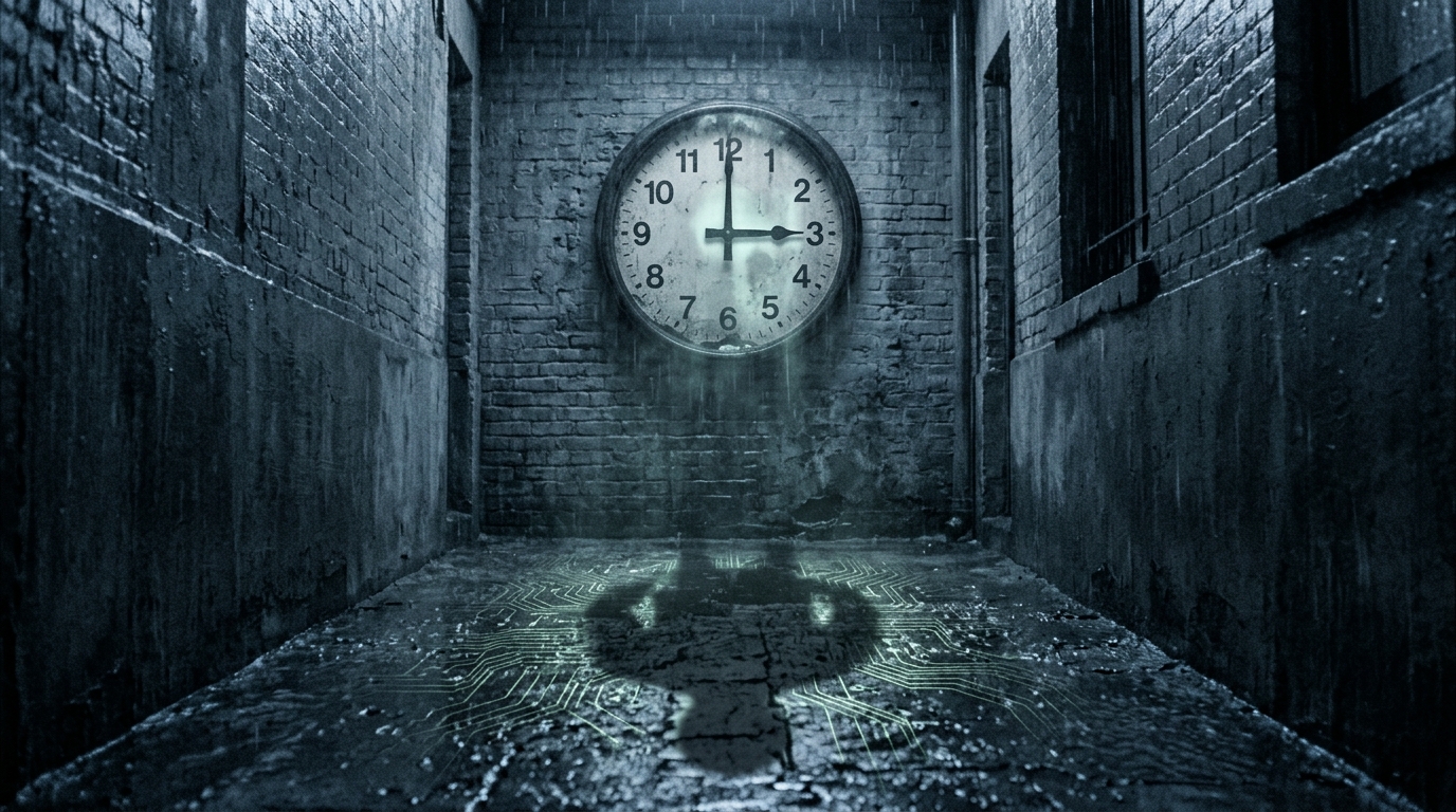 Frozen 3:04 studio clock and glowing circuit traces