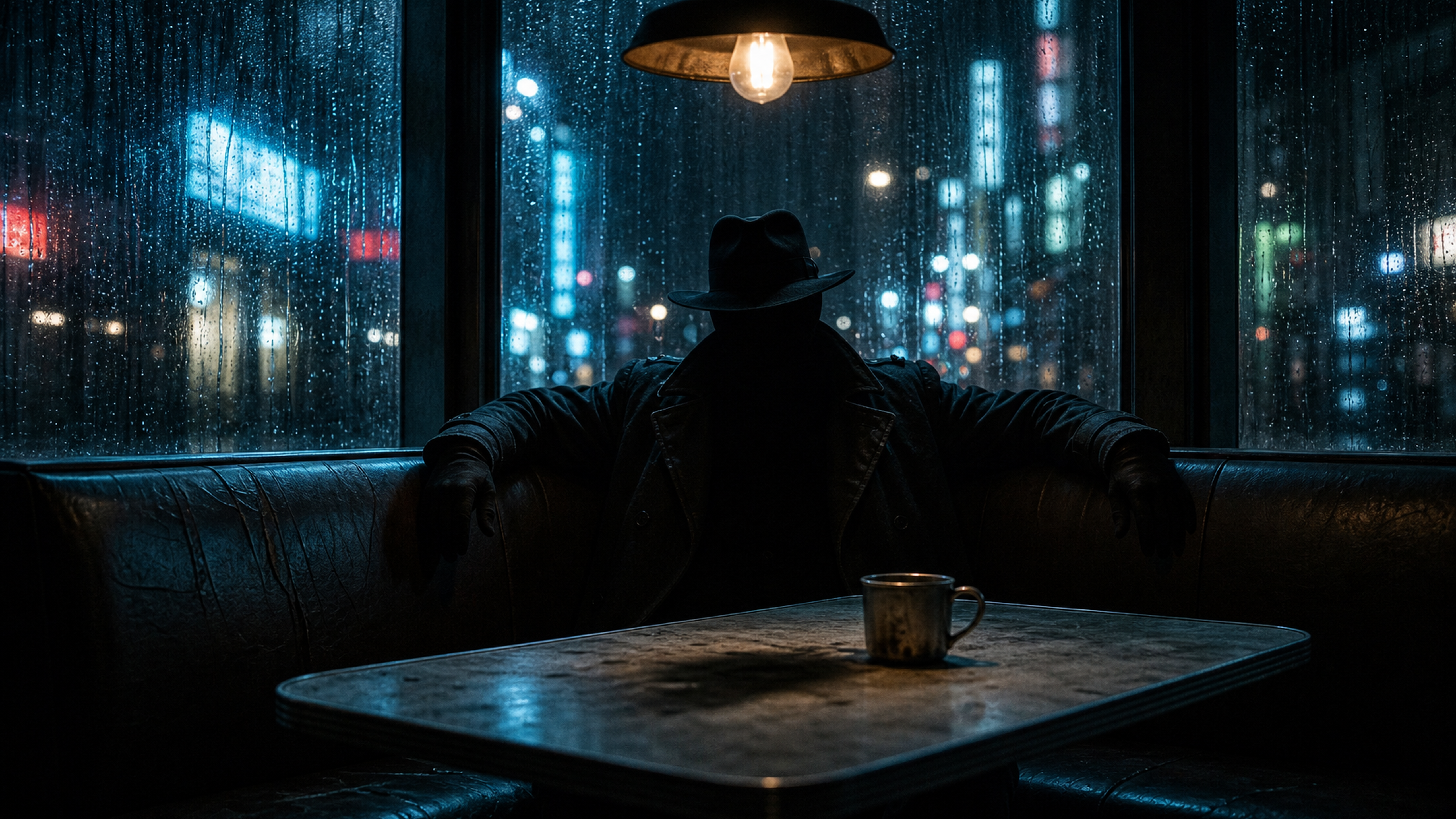 Rydika - The Carbon Architect sitting in a rain-slicked cyber-noir diner booth